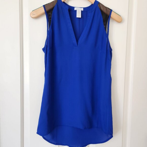 Cache Tops - Cache Top Blouse Sleeveless Royal Blue Black Mesh Business Casual Work Edgy XS